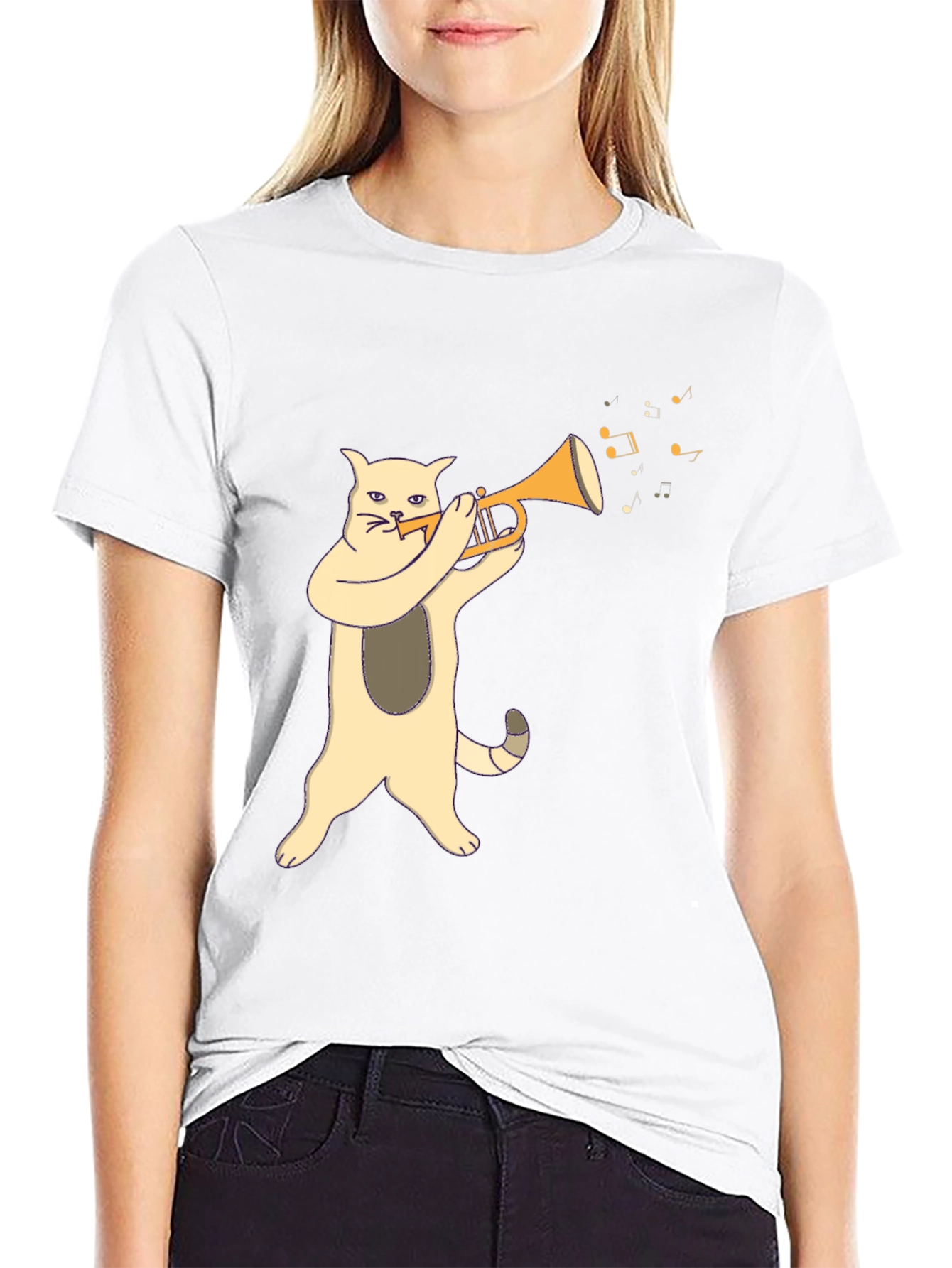 Cat Playing Trumpet Graphic Tee - Black