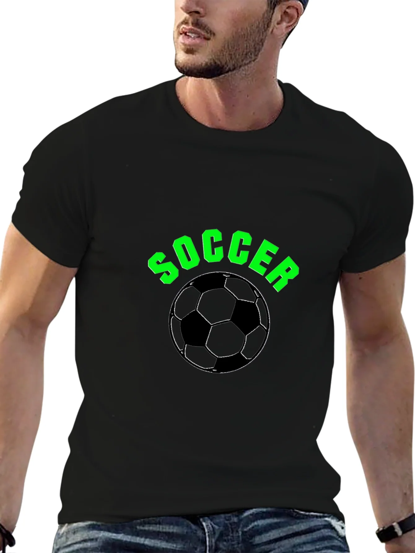 Soccer T-Shirt - Black with Green Text and Ball