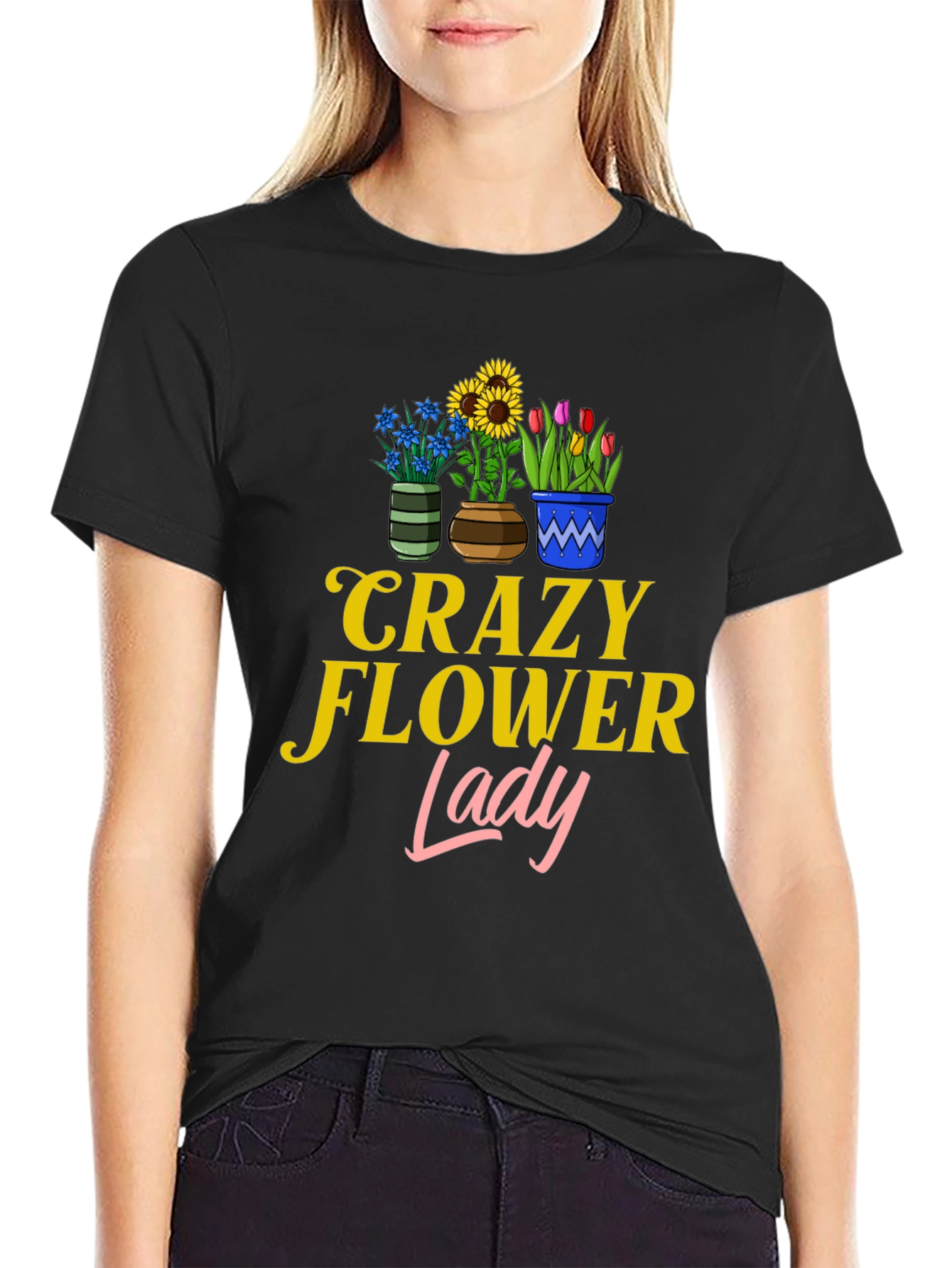 Crazy Flower Lady Graphic T-Shirt