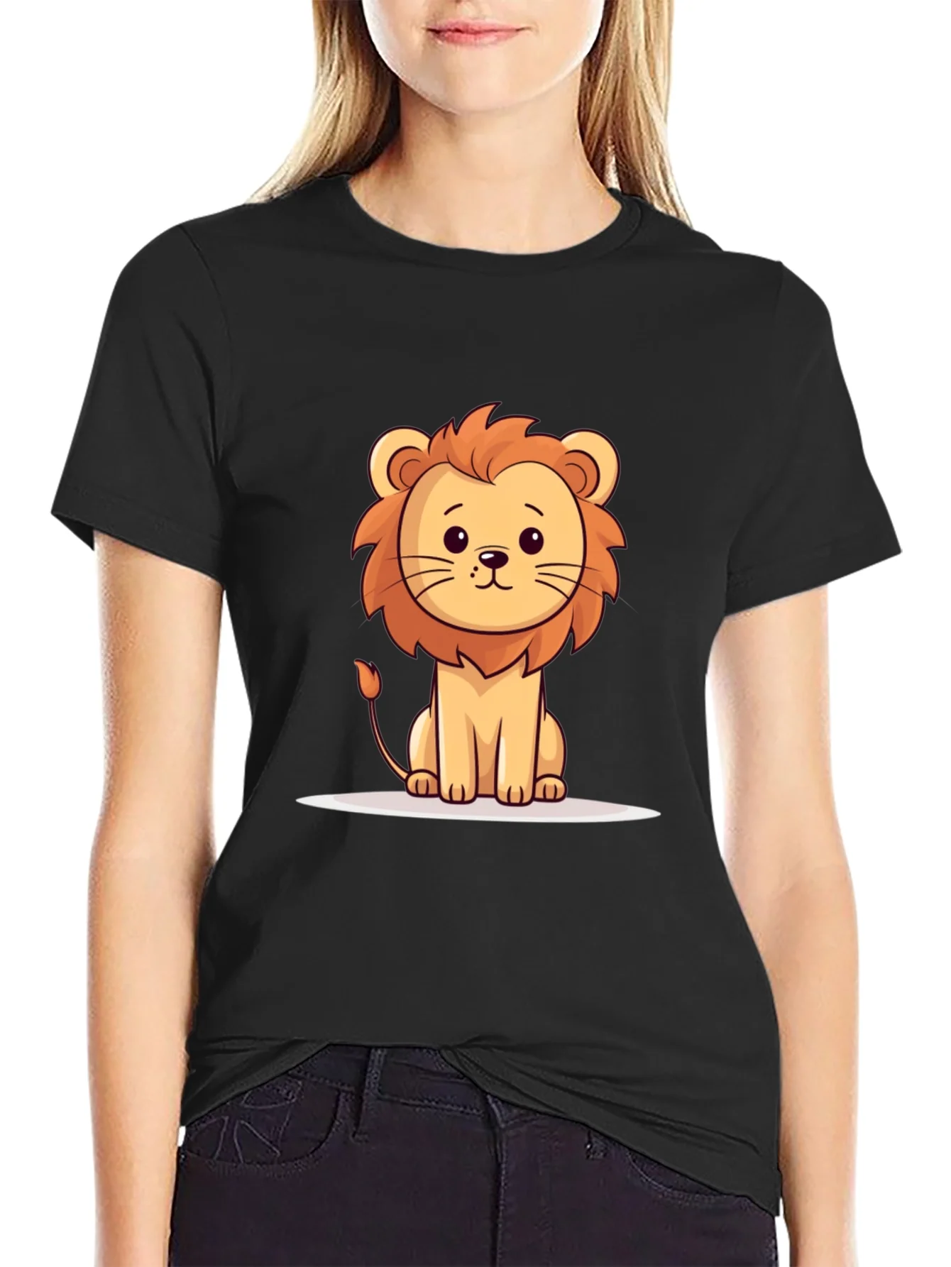 Cute Cartoon Lion Black T-Shirt