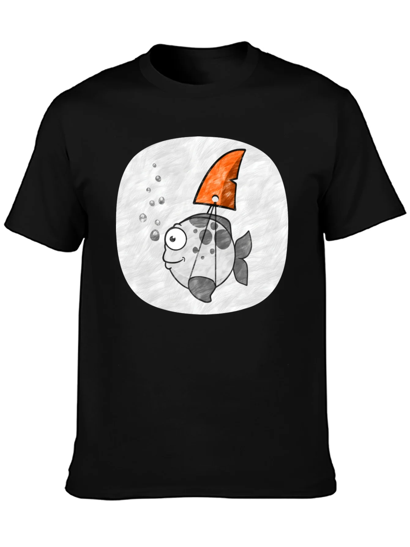 Cartoon Fish with Shark Fin Black T-Shirt