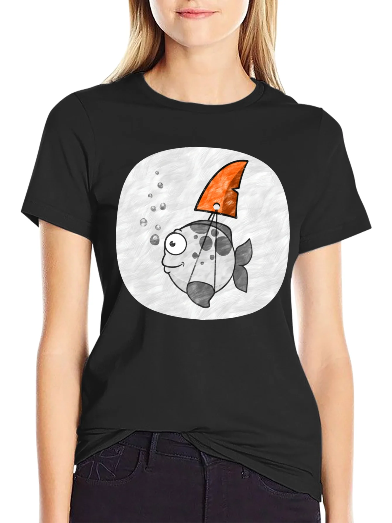 Cartoon Fish with Shark Fin Black T-Shirt