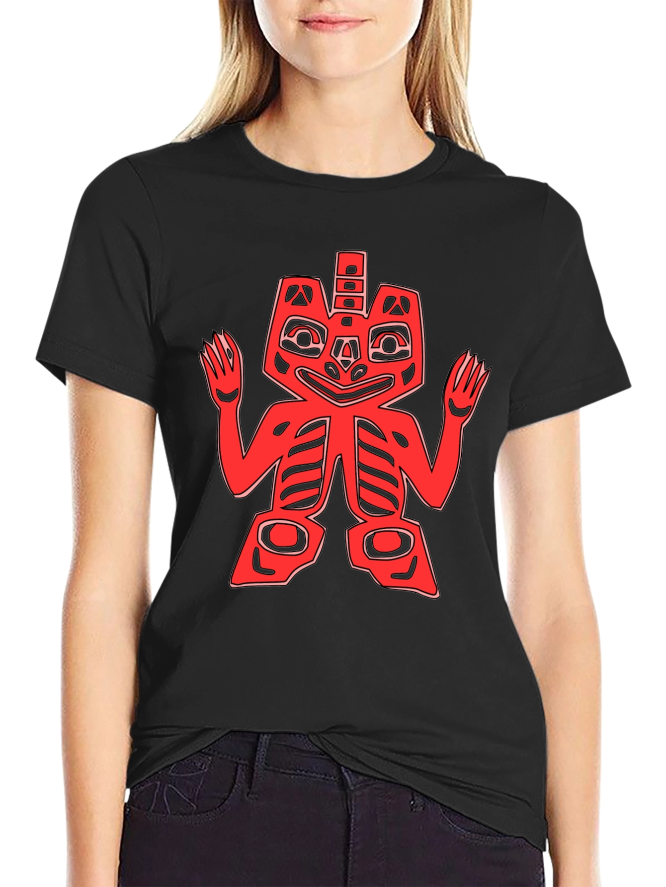 Red Totem Graphic Print Black T-Shirt
