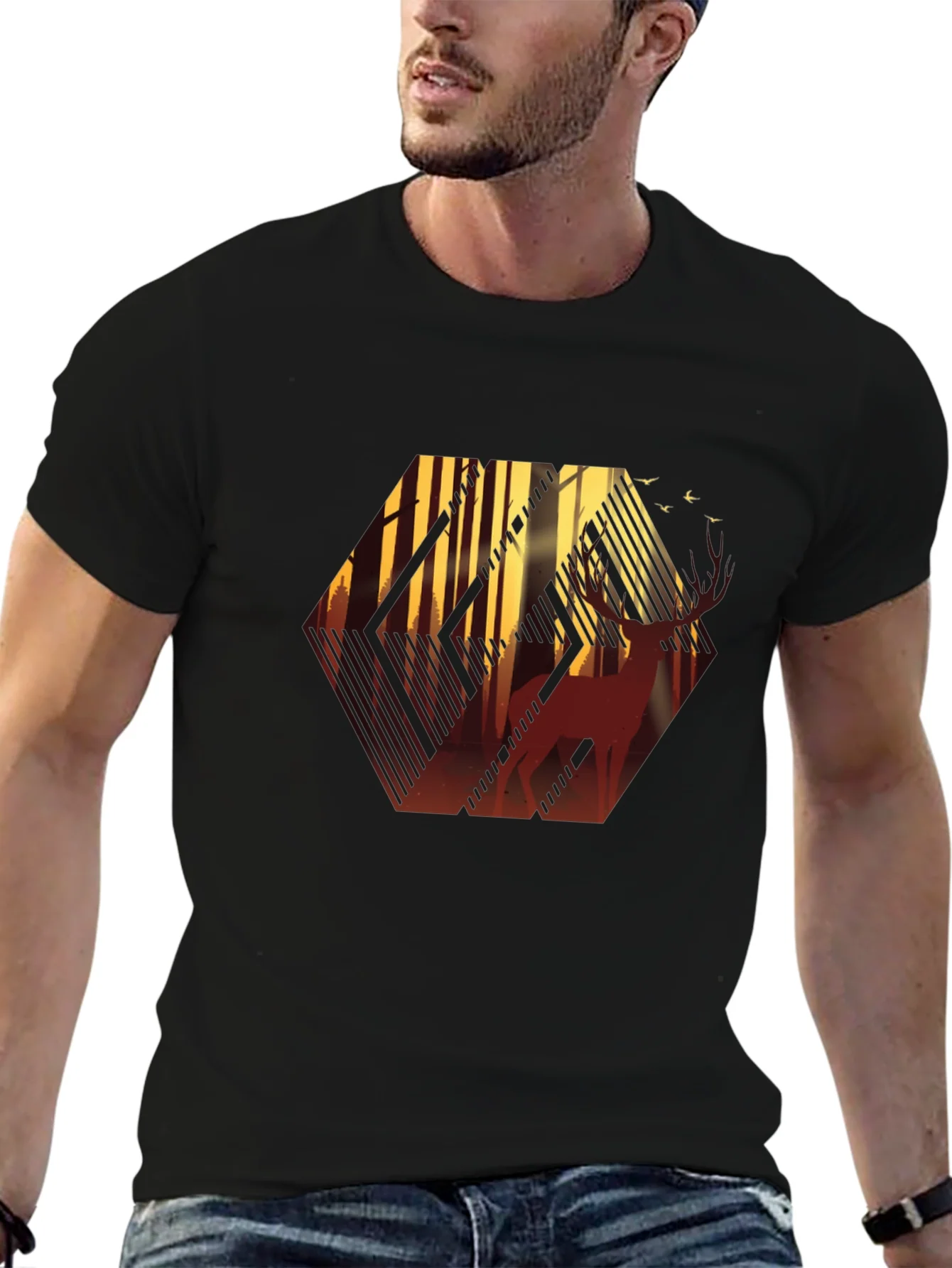 Stylish Mens Black T-Shirt with Deer Forest Graphic