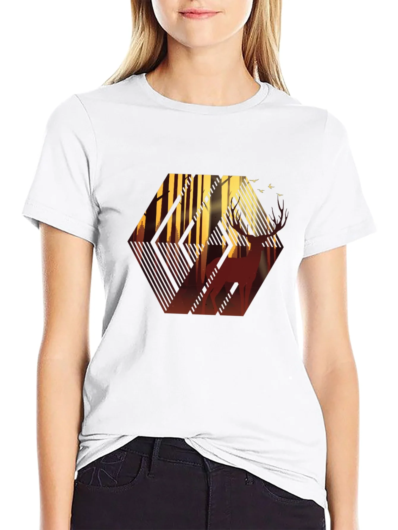 Stylish Mens Black T-Shirt with Deer Forest Graphic