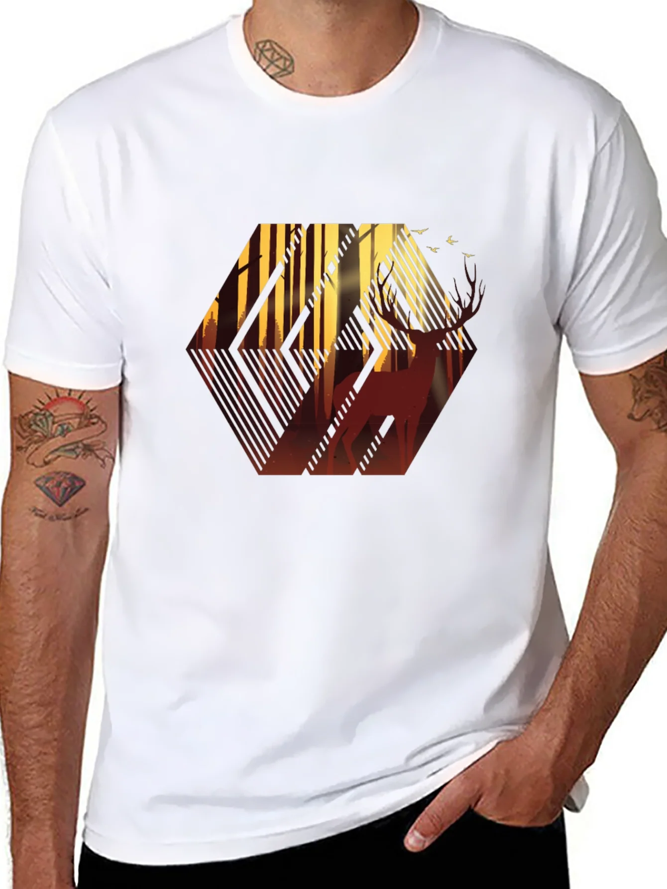 Stylish Mens Black T-Shirt with Deer Forest Graphic