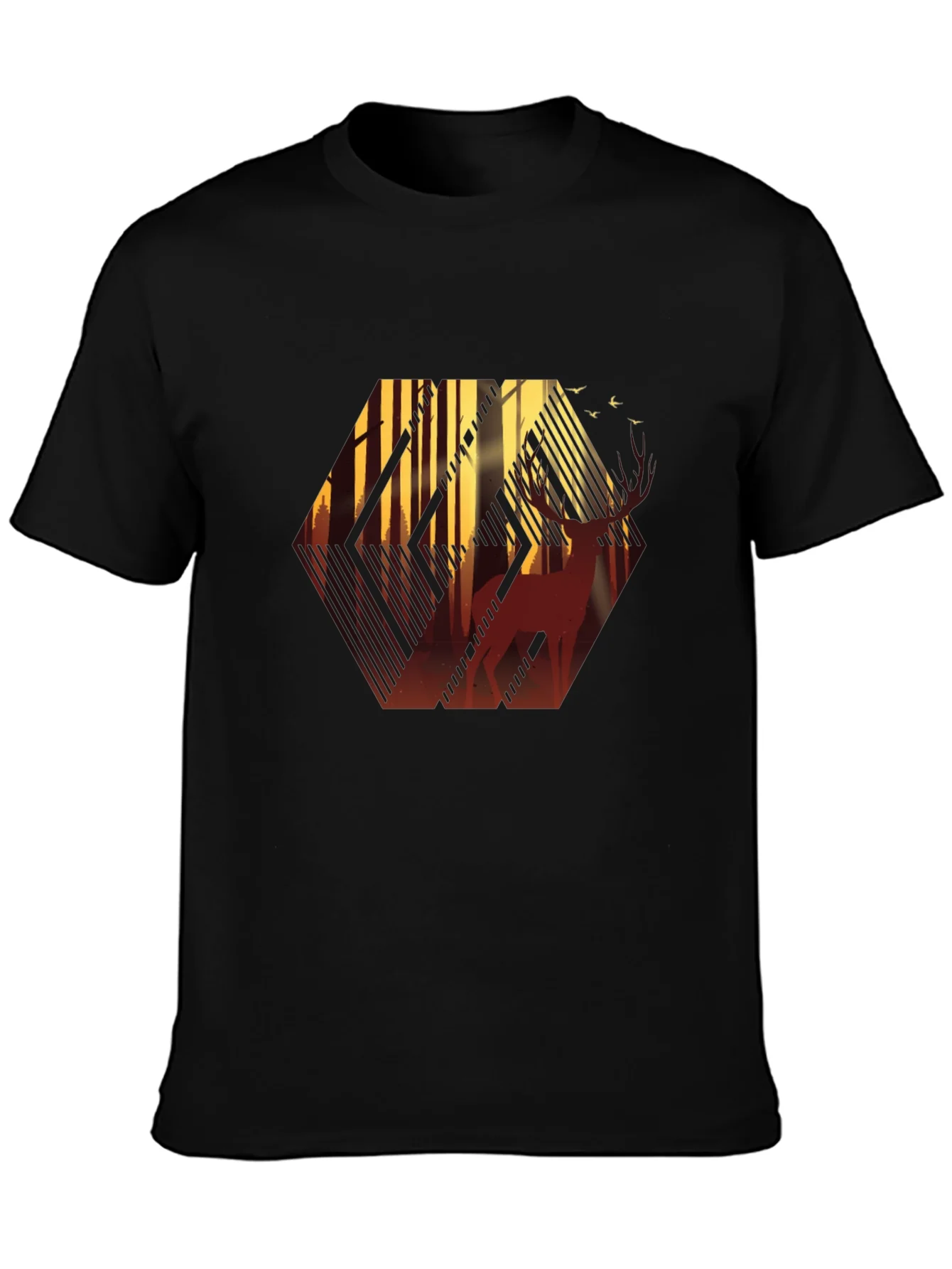 Stylish Mens Black T-Shirt with Deer Forest Graphic
