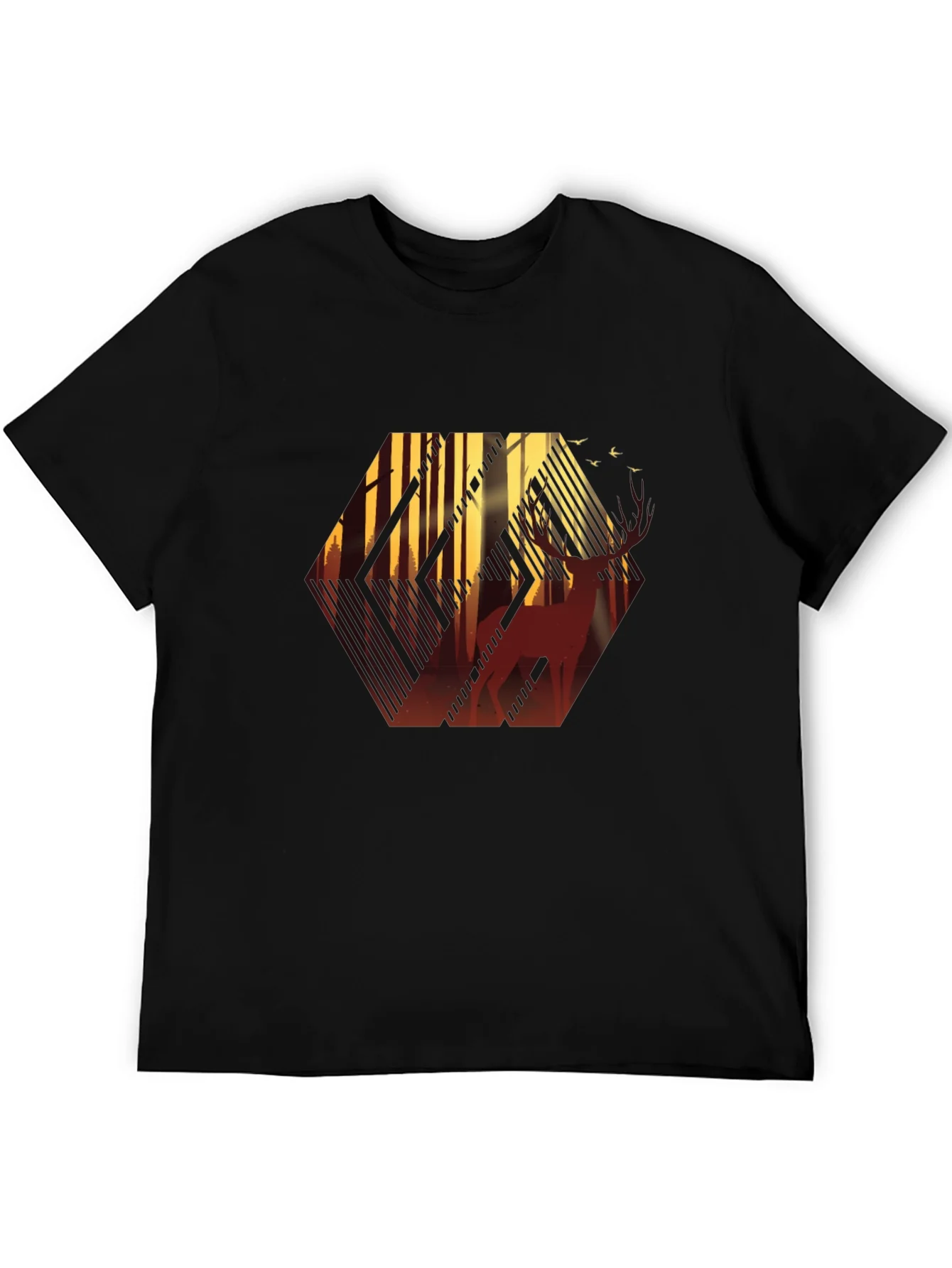 Stylish Mens Black T-Shirt with Deer Forest Graphic