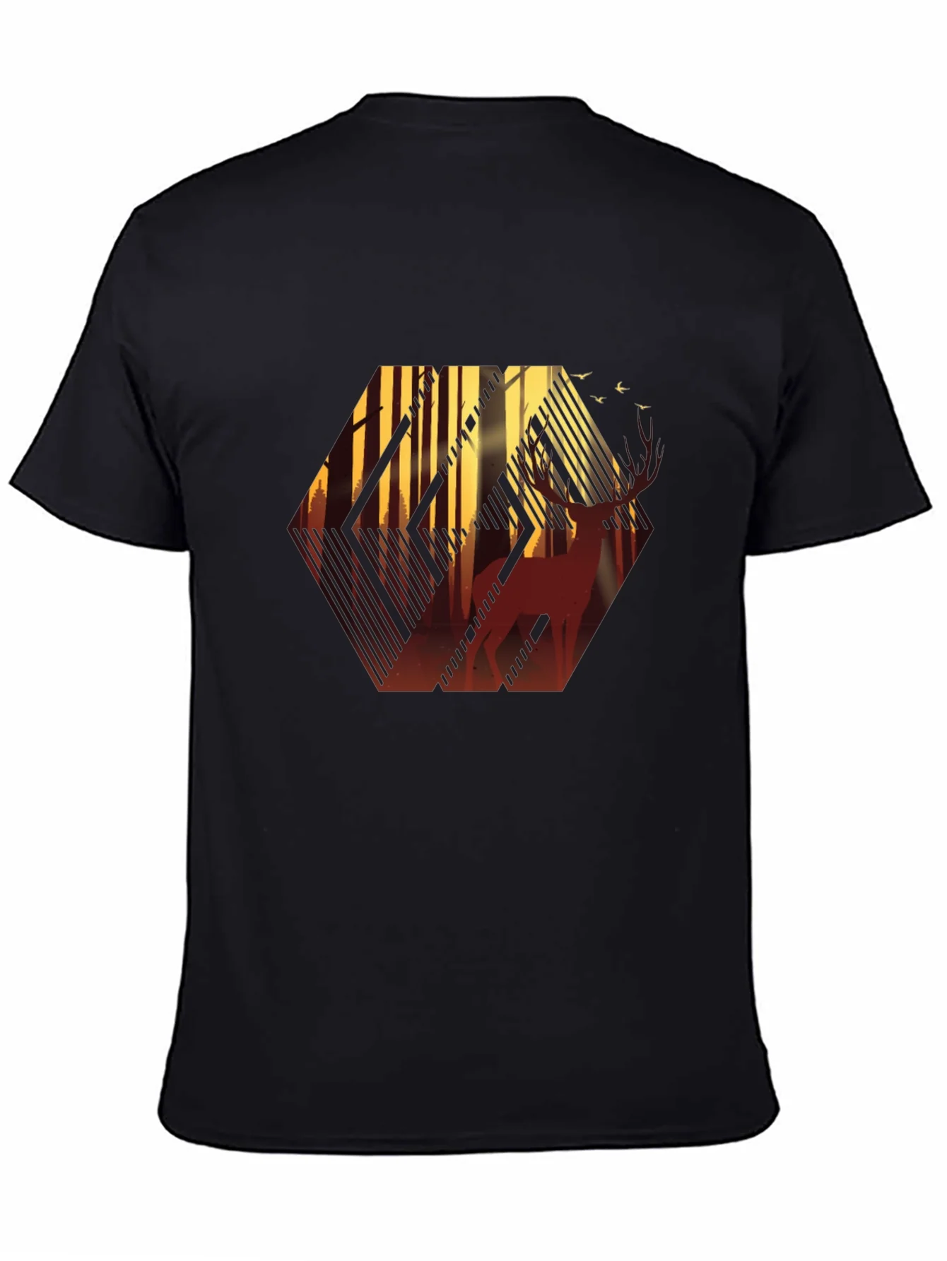 Stylish Mens Black T-Shirt with Deer Forest Graphic