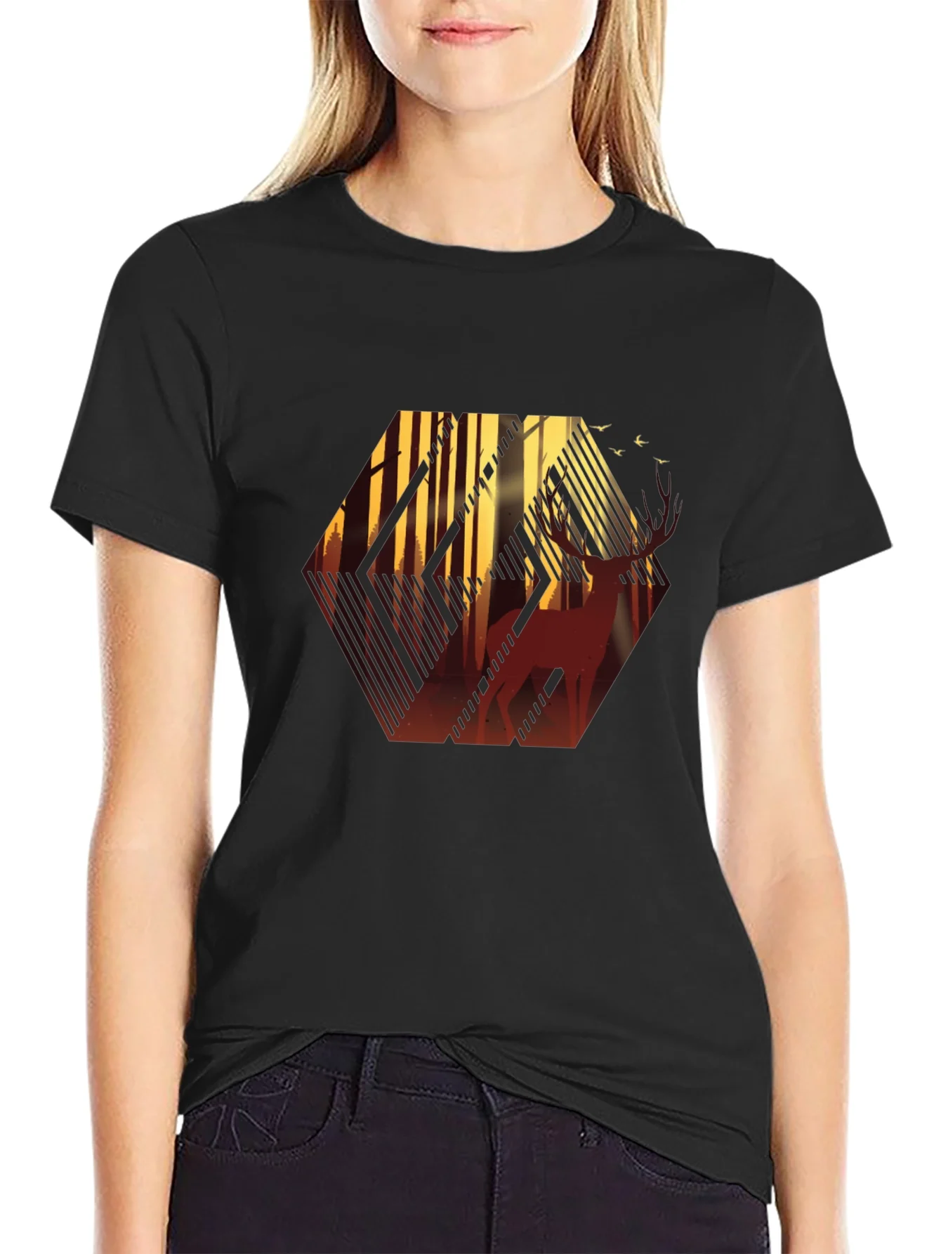 Stylish Mens Black T-Shirt with Deer Forest Graphic