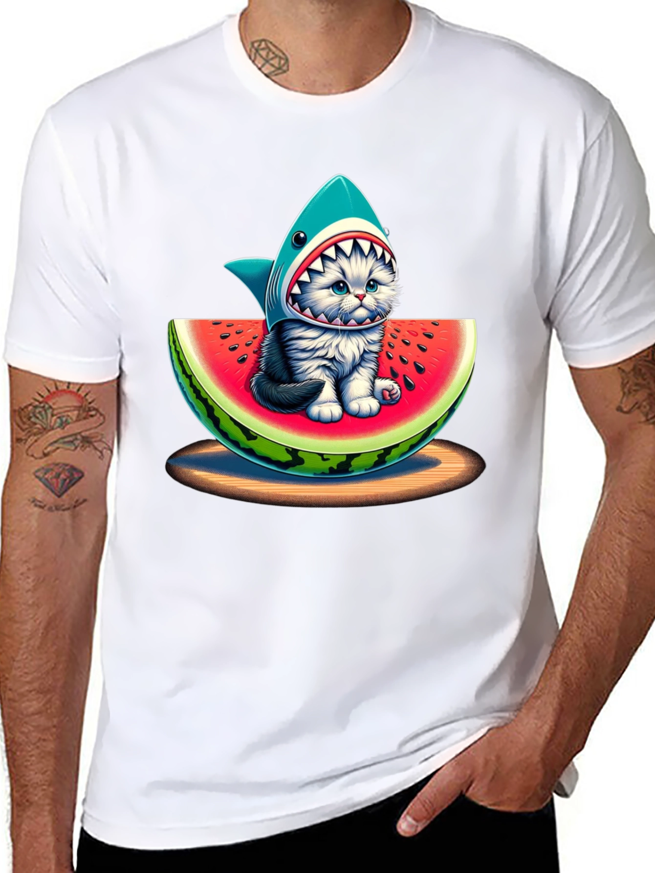 Shark Cat Watermelon Graphic T-Shirt
