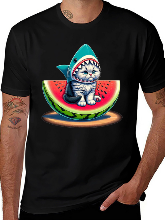 Shark Cat Watermelon Graphic T-Shirt