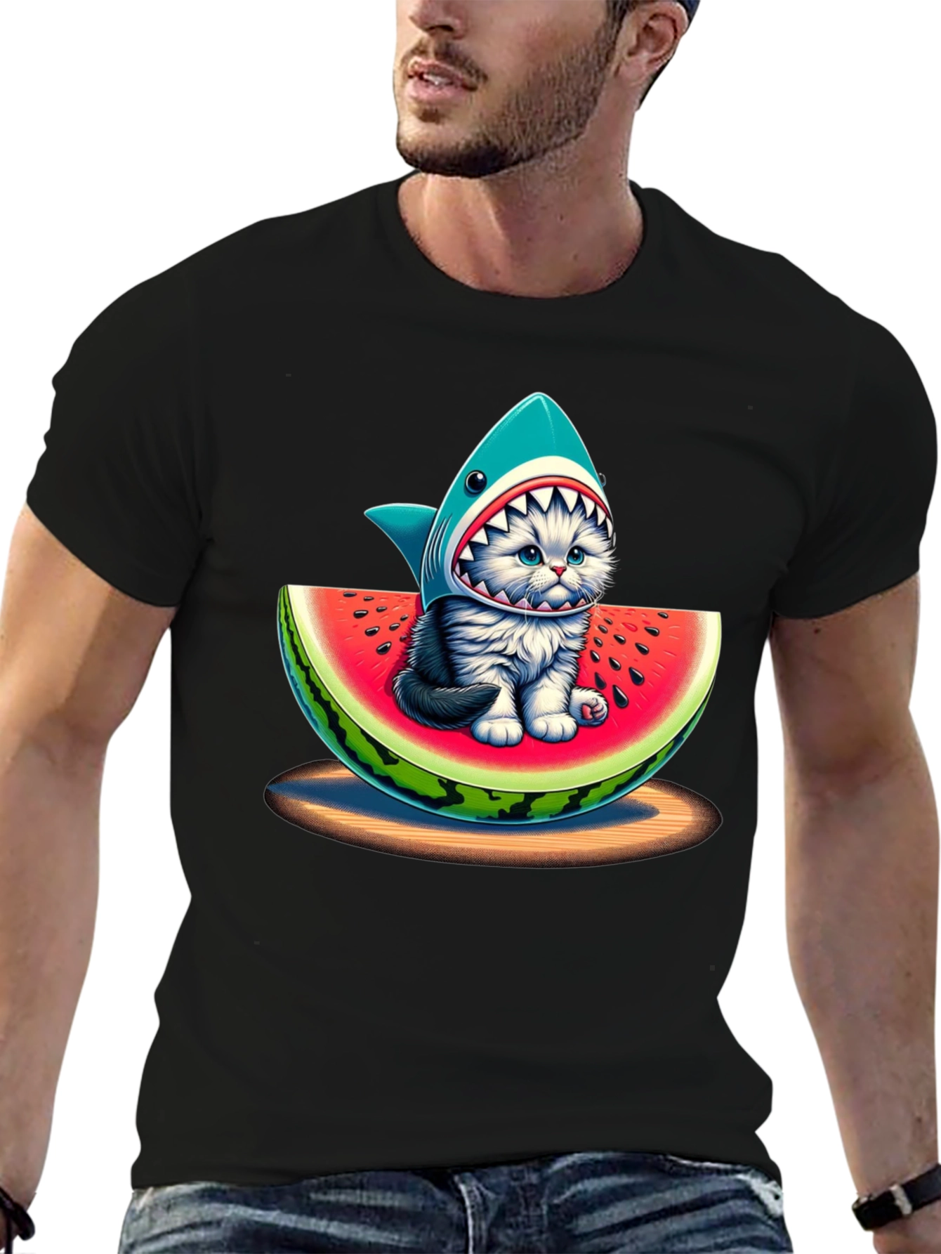 Shark Cat Watermelon Graphic T-Shirt