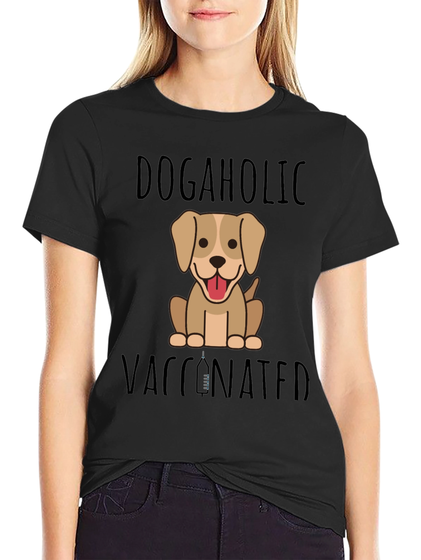 Dogaholic Vaccinated Black Graphic T-Shirt