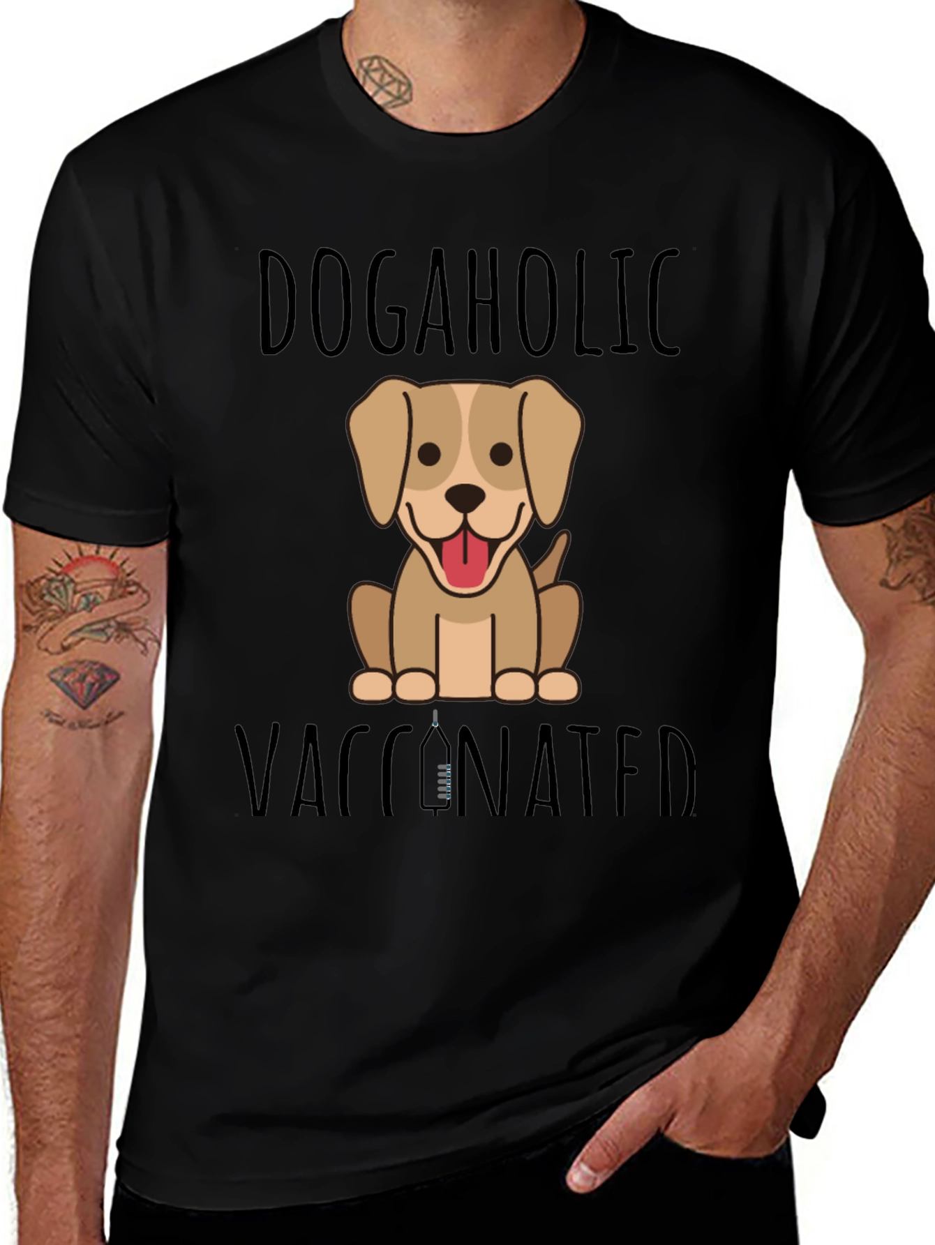 Dogaholic Vaccinated Black Graphic T-Shirt