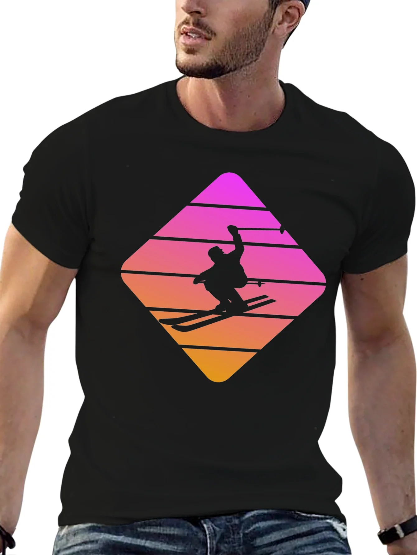 Retro Skiing T-Shirt - Stylish Black Cotton Blend Tee