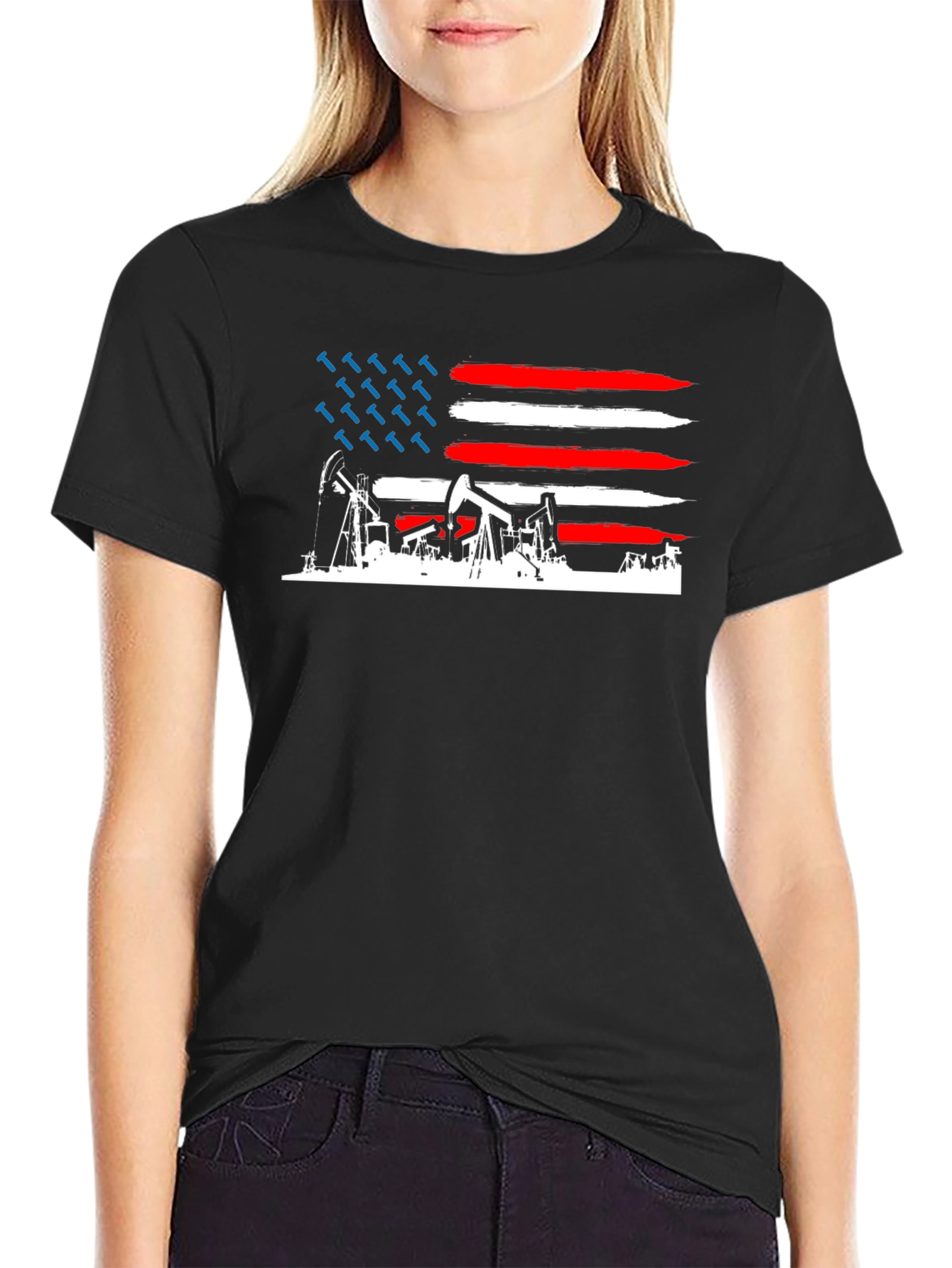 American Oil Rig Flag T-Shirt - Patriotic Black Tee