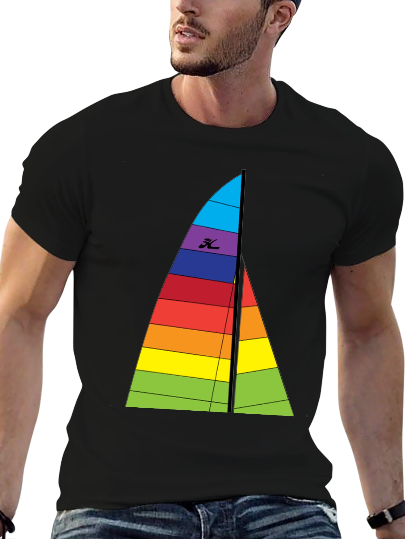 Rainbow Sailboat Graphic Tee - Black Cotton T-Shirt