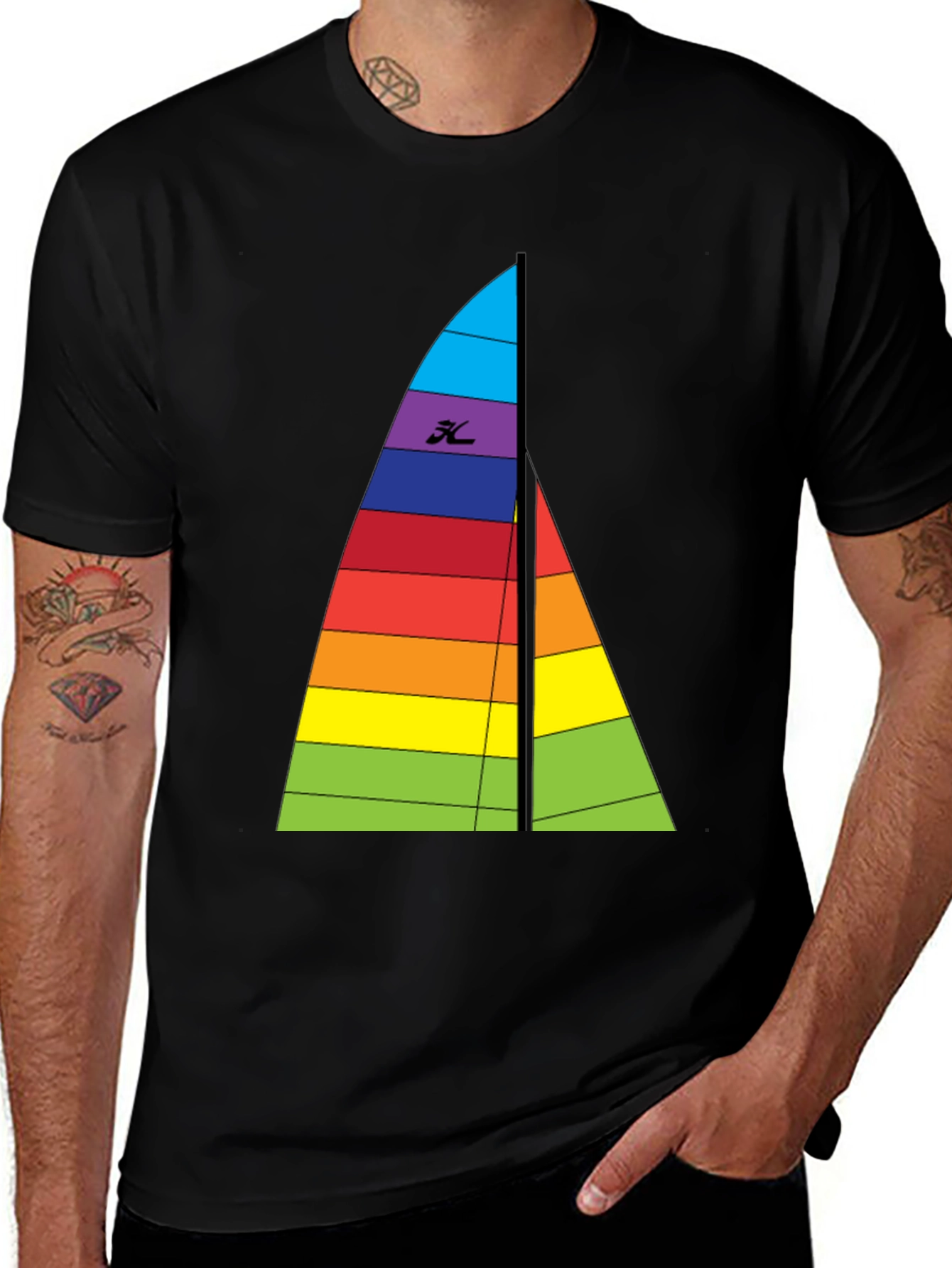 Rainbow Sailboat Graphic Tee - Black Cotton T-Shirt