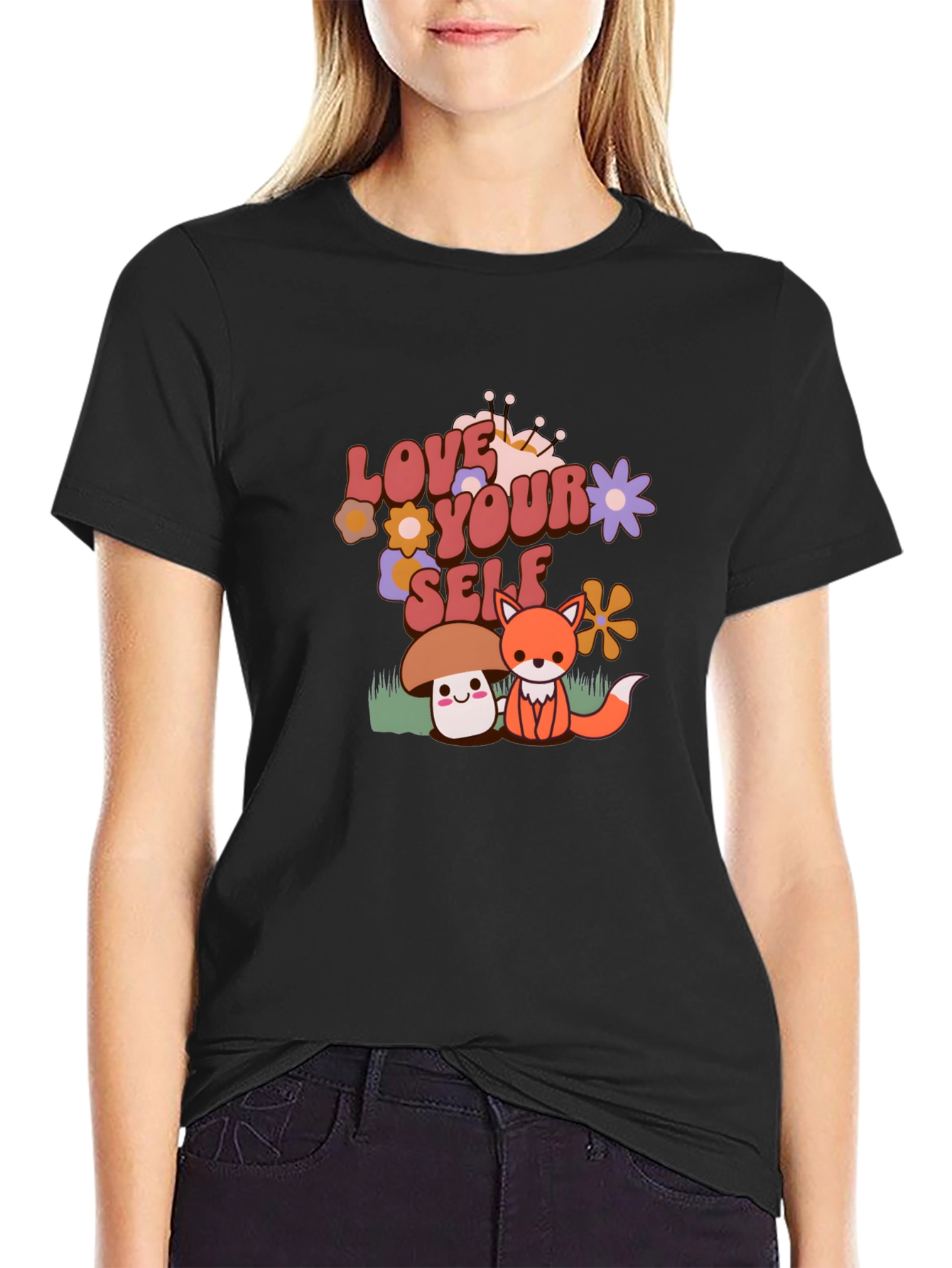 Love Yourself T-Shirt with Cute Mushroom and Fox Design