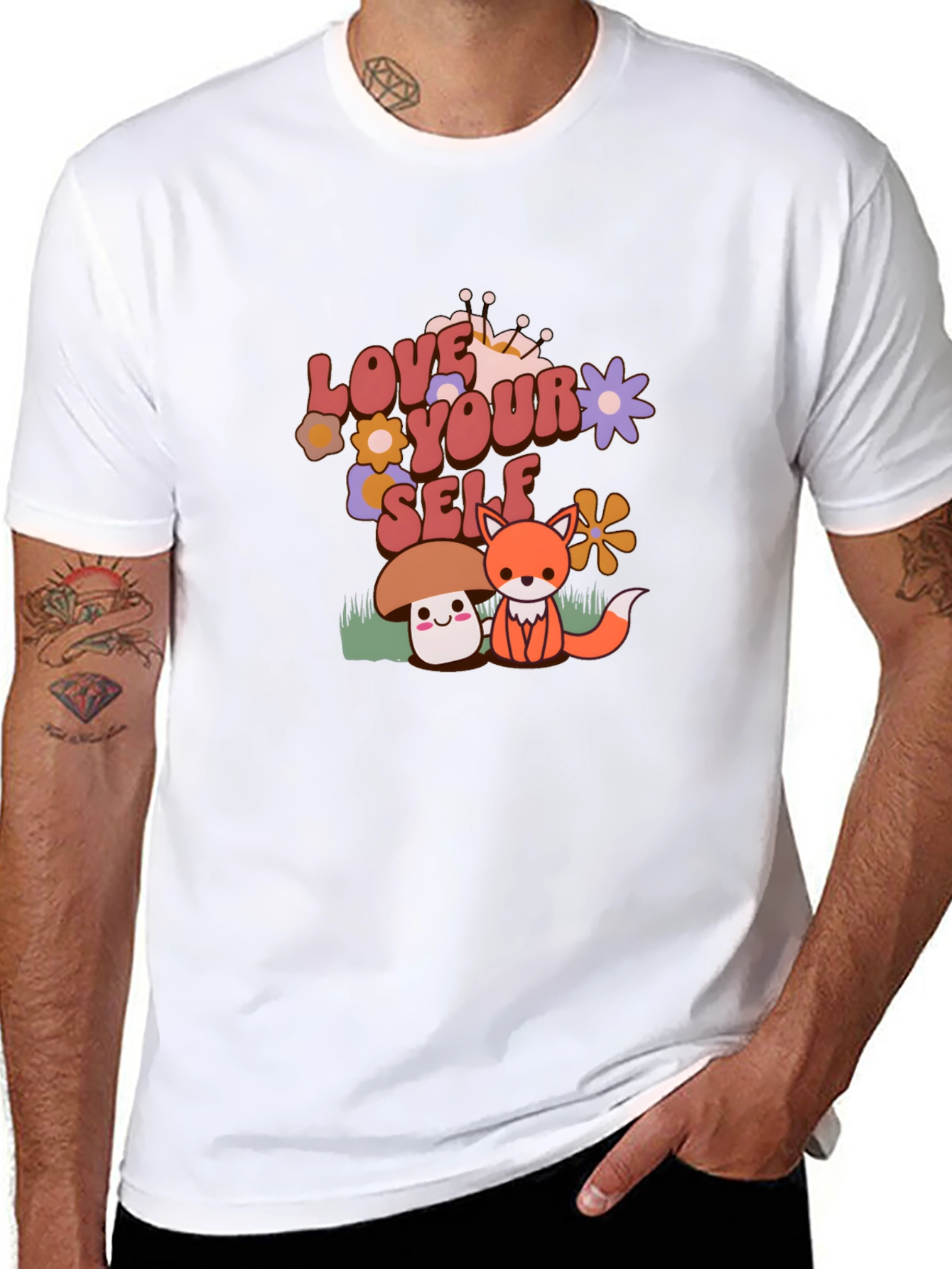 Love Yourself T-Shirt with Cute Mushroom and Fox Design