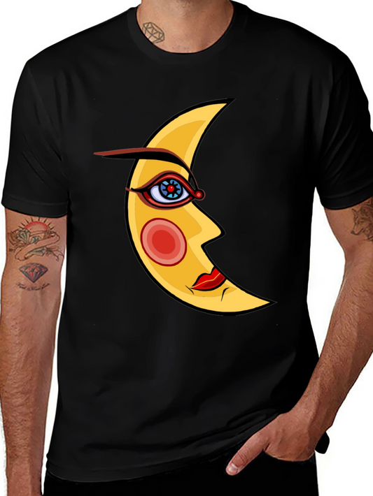 Crescent Moon Face Graphic Tee - Black Cotton T-Shirt