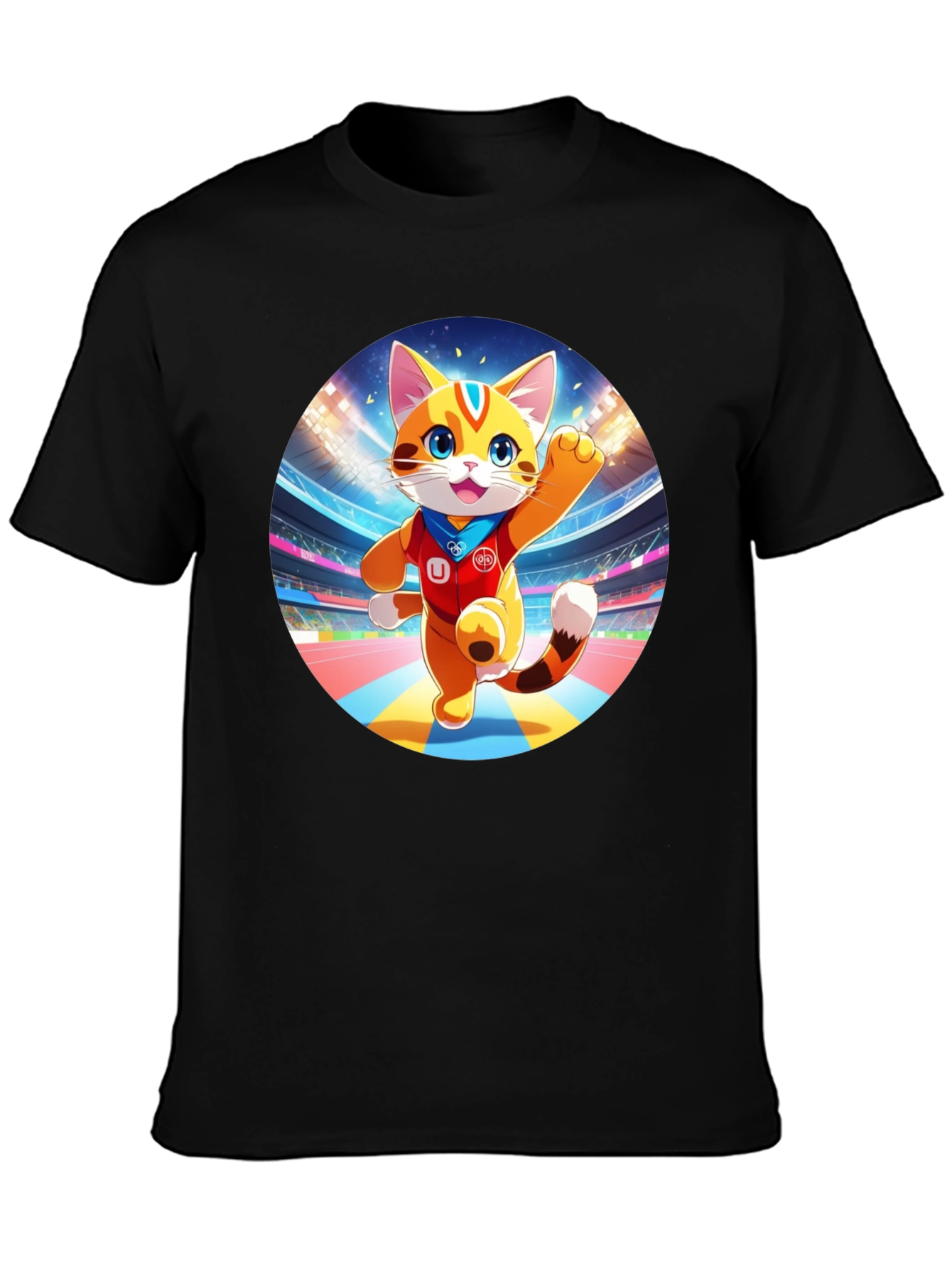 Cartoon Cat in Stadium Black T-Shirt