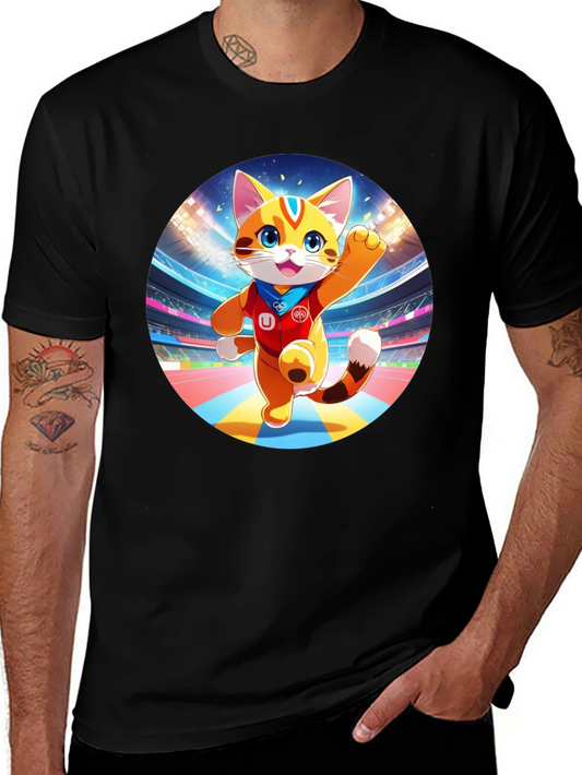 Cartoon Cat in Stadium Black T-Shirt