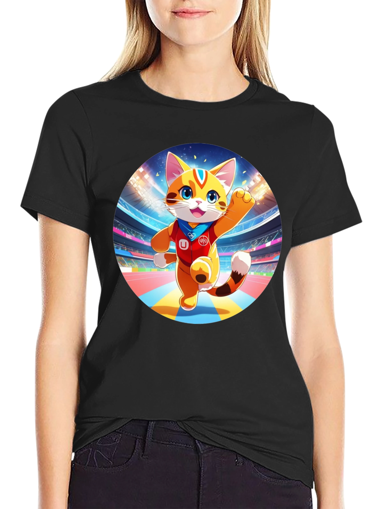Cartoon Cat in Stadium Black T-Shirt